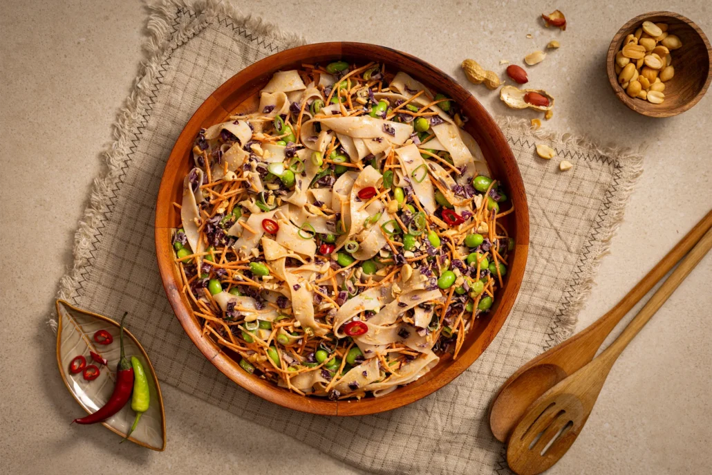 Thaise noedelsalade met rijstnoedels, edamame, rode kool, wortel en pindadressing
